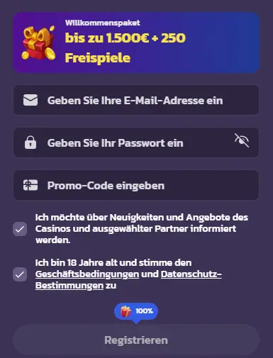 Registrierungsformular – Spielerkonto mit E-Mail-Adresse und Passwort erstellen